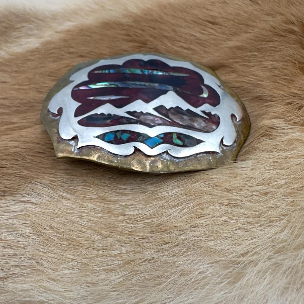 VTG Southwestern Mountain Landscape Turquoise Abalone Chip Inlay Belt Buckle